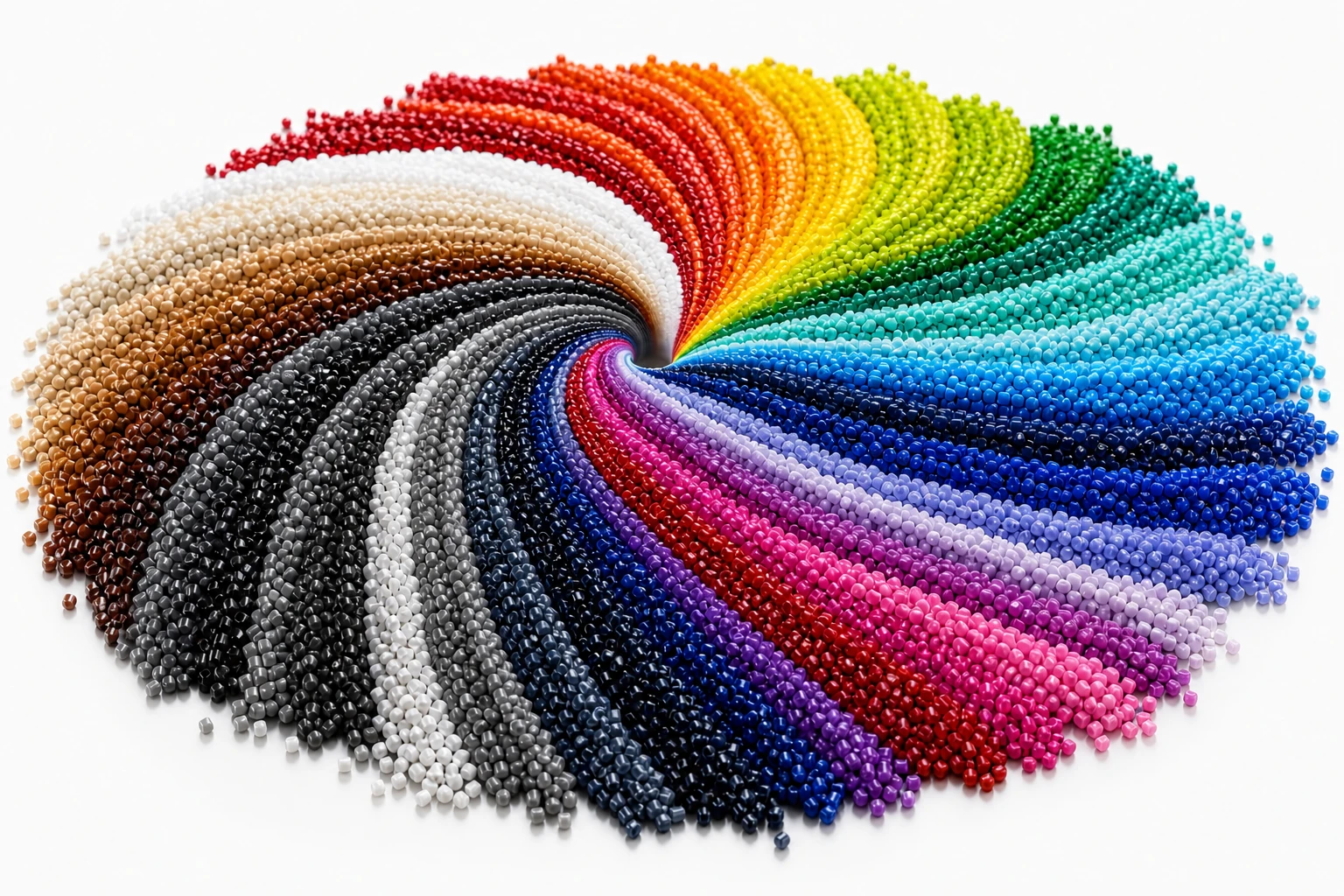 Extensive spectrum of colourful plastic masterbatch pellets arranged in a mesmerising spiral