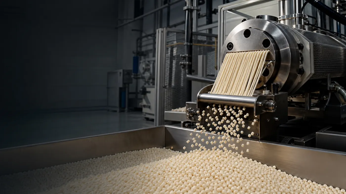 Real Alfa Poly Chem masterbatch pellets leaving an extrusion line