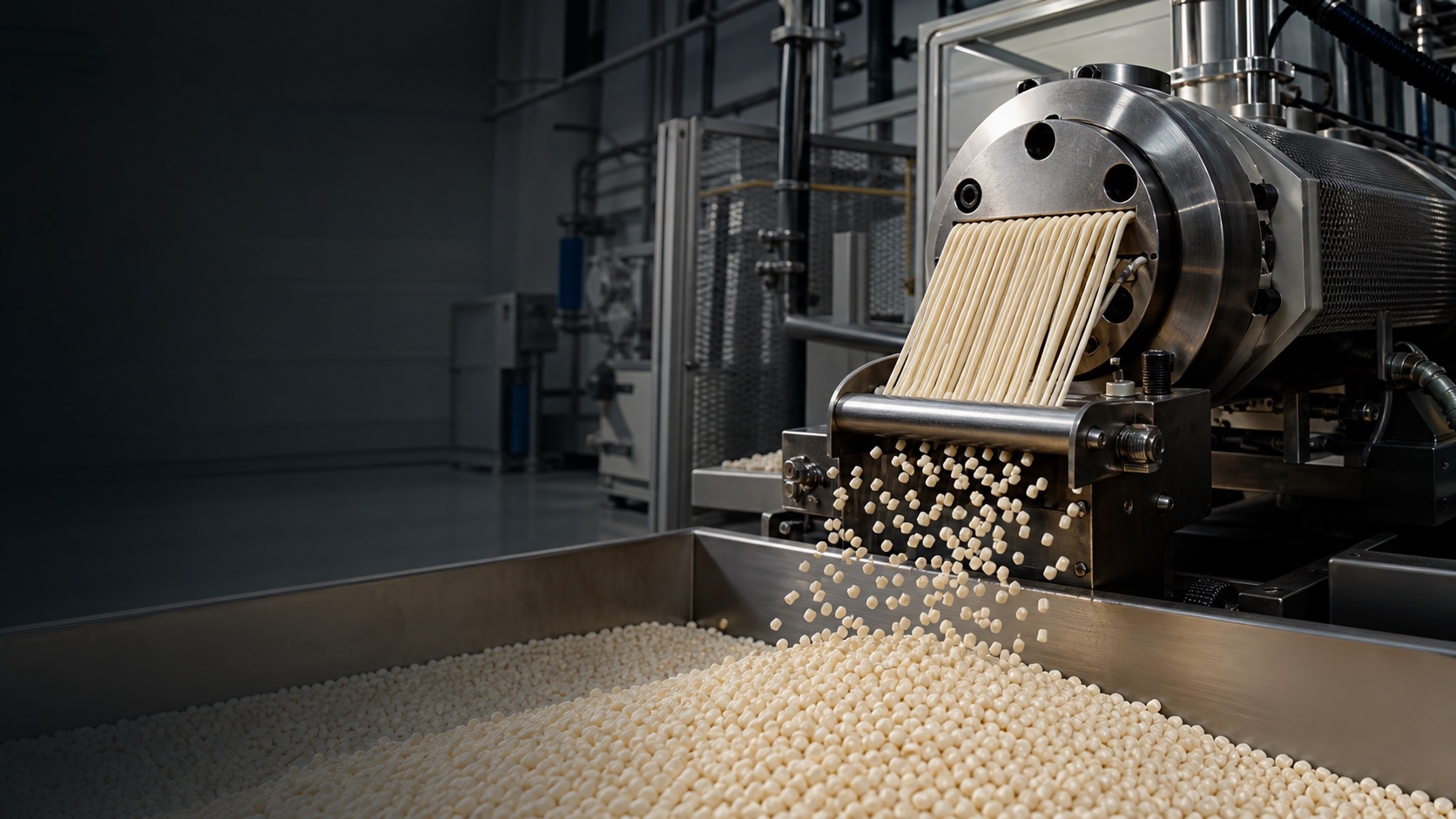 Illustrative industrial view of light-coloured masterbatch pellets on an extrusion and pelletizing line